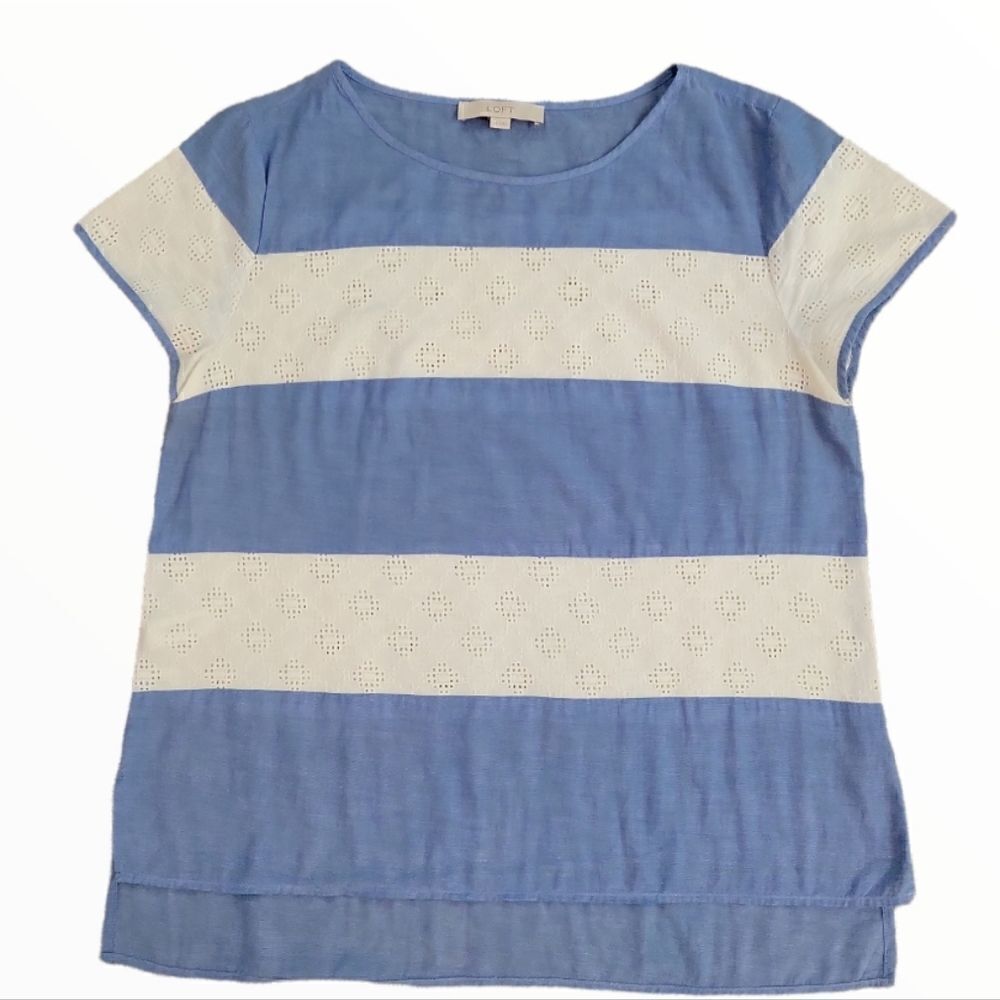 LN LOFT EYELET LACE STRIPED 100% COTTON SHORT SLEEVED BLOUSE SZ. M
